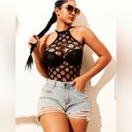 Black Solid Color Hollow‎ Out Fishnet Dress Without Bikini, High Round Neck Size undefined Photo 6