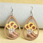 Western Retro Personality Cowboy Boots Sunflower Earrings Wooden Water Drop‎ Photo 7