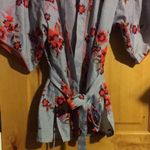 Josie Natori Blue Pinstripe Multi-Color Floral Embroidery Tie Waist 3/4 Kimono Slv Robe EUC XS Photo 5