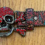 Printed Rhinestones Big Skull And Bones Buckle Red Belt Punk Goth 49” Photo 0