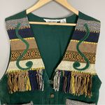 Vintage Vest Suede‎ Woven Green Leather Women Size Large Southwestern Fringe Photo 5
