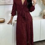 ZARA  Bloggers Fav Burgundy V-Neck Long Jacquard Wrap Maxi Christmas Dress Sz M Photo 0