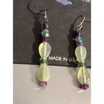 Handcrafted Sterling Silver Finish Art Glass Dangle Earrings Hook 2" New on Card Green Photo 1