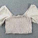 By Together Smocked Cropped Top Size Large Beige Ribbed Puff Sleeve Cotton Boho Photo 0