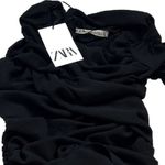 ZARA NWT One Shoulder Long Sleeve Ruched Solid Black Mini Dress Small Stretchy Photo 3