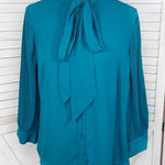 New‎ York & Company Pleated Puff Sleeve Pussybow Tie Neck Blouse Teal Medium Blue Photo 0