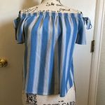 Lily White π Slate Blue with White Vertical Strips Off Shoulder Blouse #Bl Photo 1