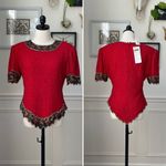 Laurence Kazar NWT NOS  Beaded Sequin Short Sleeve Silk Top Red L Photo 1