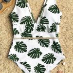 Iyasson White Leaf Print Swimsuit Deep V Photo 3