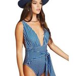 Hayden Los Angeles Bathing Suit Vertical Blue White Stripes Deep V Plus Size 3XL Photo 0