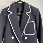 La Reve Navy Blue Blazer sz S Fringe Trim Double Breasted Elegant Women's Jacket Photo 2