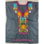 Womens Black Embroidered Mexican Tunic Top Short Sleeve Floral Blouse Festival Size L Photo 4