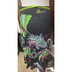 Desigual  Midi Skirt Black Knit Colorful Art to Wear lime green satin belt sz M Photo 2