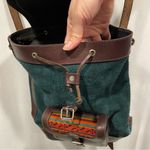 Handmade Groovy Aztec rainbow stitched green suede chocolate leather bucket backpack bag Photo 11