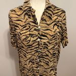 Amanda Smith  Petite Pure Silk Tan Zebra Print Button Down Short-Sleeve Shirt Photo 1