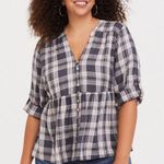 Torrid Grey Plaid Babydoll Rayon Twill Button-Front Top Photo 1