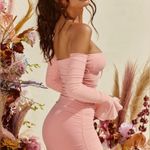 Oh Polly Feel the Frill Bardot Ruched Mesh Bidycon Mini Dress Blush Pink Size 0 Photo 1