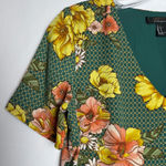 Forever 21 Top Floral Print Green Blouse Short Sleeve V-Neck Photo 6