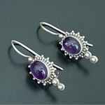Vintage Handcrafted SU 925 Sterling Silver Amethyst Oval Cabochon Drop Earrings Purple Photo 3