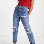 Topshop 1990’s style Petite ripped Mom jeans in mid blue, relaxed high waist 28P Photo 0