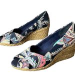 CHAPS Espadrille Wedges Women 7.5 Blue Floral Slip On Peep Toe Shoes Boho Resort Photo 1