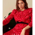 Tara Jarmon Red Midi Dress Women’s Long Sleeve Ruffled Button Front Floral 36 Orange Photo 3