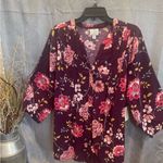 st. john's bay St Jhon’S Bay  Women Top Maroon Floral Boho Tunic Flowy Button Up Plus S… Photo 3