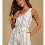 Lulus Forever Adventure Lilac Multi Striped Drawstring Romper Purple Photo 0