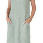 Lungo L'Arno Linen Sleeveless Shift Dress-Small-Lattice Yoke-Pockets-Sage Green Photo 0