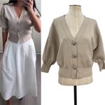 ZARA  Rose Button Cardigan‎ Puff Sleeve Cropped Beige Tan Silver Size Medium Photo 1
