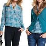 CAbi  Surplice Blouse Teal Cream Windowpane Plaid Chiffon Size M Photo 1