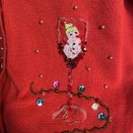 KIKIT Christmas Cardigan Size M Red Beaded Sequins Flower Martini Snowman Lights Size M Photo 4