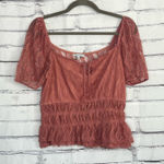 Iris  Lace Peplum Blouse Women’s L Dusty Rose Sheer Puff Sleeve Romantic Top Photo 0