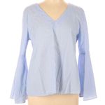 ZARA  Flare Bell Sleeve Striped Pinstripes V Neck Cotton Blue Blouse Top XS Photo 5