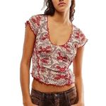 Free People Oh My Baby Tee Cropped Top Mesh Ruched Floral Boho Festival Large Photo 1