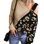 Long Sleeve Cold Shoulder Turtleneck Knit Pullover Sweater Leopard Khaki Black Multiple Size XXL Photo 0
