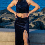 La Femme Brand New With Tags Blue Size 4 Two apiece velvet side slit dress by Photo 0