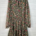 Drew Anthro Green Floral Print Dress Gold Stripes Long Sleeves Smocked Size L Photo 1
