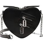 None Heart-Shaped Black Crossbody Silver Chain Goth Punk Bikercore Faux Leather Bag Photo 1