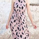 Loft Sleeveless Midi Dress Pink Black Feather Print L Photo 0
