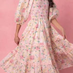 Ivy City Co Roselyn Dress Pastel Floral Smocked Bodice Puff Sleeve Tiered Large Pink Photo 0