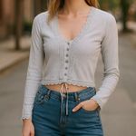 Free People Linen Blend Bohemian Cropped Lavender Women's Boxy Top Size Large Photo 0