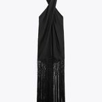 ZARA dress midi black halter neck linen fringed fringes boho Photo 11