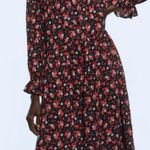 ZARA Black Red Floral Printed High Neck Long Sleeve Midi Dress Photo 0
