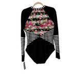 Lopie Womens Rash Guard One Piece Swimsuit Floral Stripe Long Sleeve Zip Size L Black Size L Photo 7
