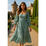 Listicle  Cotton Gauze Maxi Dress Teal Embroidered Floral Romantic Castlecore L Photo 1