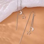 Silver Moon Star Threader Long Tassel Earring Chain, Drop Dangle Woman Earrings Photo 4