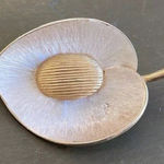 Vintage 1960s Two Tone Concave Textured Leaf Brooch Stem Curved Striped Oval Silver Photo 0