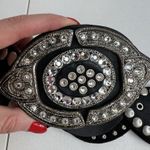 Leather Studded Belt Large 38 Bling Buckle Conch Style Black Silver Southwestern Photo 4