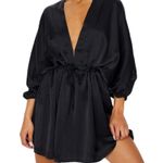 Pretty Little Thing Plunge V-Neck Tie Waist Skater Dress Texture Satin Black Size 6 Photo 0